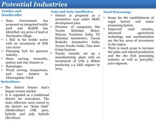 Textiles and
Handicrafts:
• State Government has
proposed an integrated textile
park and KIADB has
identified 125 acres of land at
Harisandra village.
• 1 SEZ in the textile sector
with an investment of INR
120 crores
• Emerging hub for garment
industry
• Stone carving, terracotta,
pottery and clay clusters in
• Ramanagra
• Wood carving, lacquerware,
and toys clusters in
Channapatna Taluk
Potential Industries
Auto and Auto Ancillaries:
• District is proposed as a
automotive zone under SKDC
development plan
• Presence of companies like
Toyota Kirloskar Motor,
Stanzen Toyotetsu India, TG
Kirloskar Automotive, Toyota
Boshoku Automotive India,
Toyota Tsusho India, Tata Auto
Comp Systems
• Toyota recently set up a
manufacturing plant with an
investment of US$ 5 Billion
producing 2.4 lakh engines by
2013.
Sericulture:
• The district houses Asia’s
largest cocoon market.
• It is regarded as a traditional
district for sericulture. The
main silkworm races reared in
the district are “Kolar Gold”
(Multivoltine) CSR pure,
hybrids and poly hybrids
(Bivoltine)
Food Processing:
• Scope for the establishment of
sugar factory and maize
processing factory
• Improved seed varieties,
advanced agricultural
technology and mechanization
are the key areas of investment
in the region.
• There is much scope to increase
the pulse and oilseed production
and the dry fruit processing
industry as well as jam/jelly/
juice segment.
 