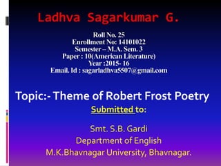 Topic:-Theme of Robert Frost Poetry
Submitted to:
Smt. S.B. Gardi
Department of English
M.K.Bhavnagar University, Bhavnagar.
 