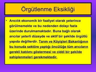 Örgütlenme Eksikliği
• Arıcılık ekonomik bir faaliyet olarak yeterince
görülmemekte ve bu nedenden dolayı fazla
üzerinde durulmamaktadır. Buna bağlı olarak
arıcılar yeterli düzeyde ve aktif bir şekilde örgütlü
yapıda değillerdir. Tarım ve Köyişleri Bakanlığının
bu konuda sektöre yaptığı öncülüğe tüm arıcıların
gerekli katılımı göstermesi ve ciddi bir şekilde
sahiplenmeleri gerekmektedir.
 