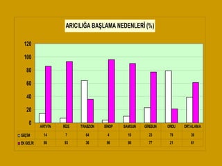 ARICILIĞA BAŞLAMA NEDENLERİ (%)
0
20
40
60
80
100
120
GEÇİM 14 7 64 4 10 23 79 39
EKGELİR 86 93 36 96 90 77 21 61
ARTVİN RİZE TRABZON SİNOP SAMSUN GİRESUN ORDU ORTALAMA
 