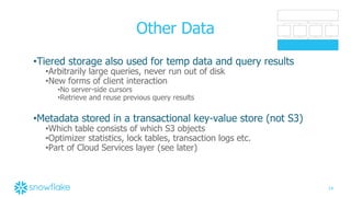 14
Other Data
•Tiered storage also used for temp data and query results
•Arbitrarily large queries, never run out of disk
•New forms of client interaction
•No server-side cursors
•Retrieve and reuse previous query results
•Metadata stored in a transactional key-value store (not S3)
•Which table consists of which S3 objects
•Optimizer statistics, lock tables, transaction logs etc.
•Part of Cloud Services layer (see later)
 