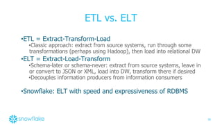 30
ETL vs. ELT
•ETL = Extract-Transform-Load
•Classic approach: extract from source systems, run through some
transformations (perhaps using Hadoop), then load into relational DW
•ELT = Extract-Load-Transform
•Schema-later or schema-never: extract from source systems, leave in
or convert to JSON or XML, load into DW, transform there if desired
•Decouples information producers from information consumers
•Snowflake: ELT with speed and expressiveness of RDBMS
 