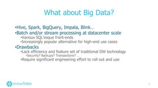 6
What about Big Data?
•Hive, Spark, BigQuery, Impala, Blink…
•Batch and/or stream processing at datacenter scale
•Various SQL’esque front-ends
•Increasingly popular alternative for high-end use cases
•Drawbacks
•Lack efficiency and feature set of traditional DW technology
•Security? Backups? Transactions? …
•Require significant engineering effort to roll out and use
 