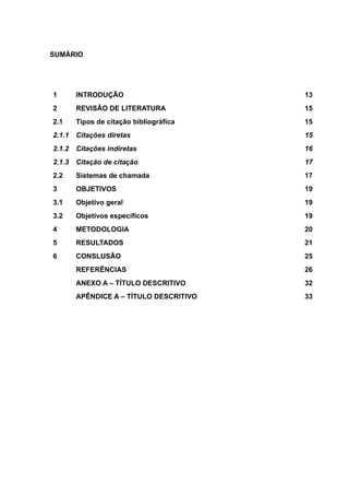 SUMÁRIO
1 INTRODUÇÃO 13
2 REVISÃO DE LITERATURA 15
2.1 Tipos de citação bibliográfica 15
2.1.1 Citações diretas 15
2.1.2 Citações indiretas 16
2.1.3 Citação de citação 17
2.2 Sistemas de chamada 17
3 OBJETIVOS 19
3.1 Objetivo geral 19
3.2 Objetivos específicos 19
4 METODOLOGIA 20
5 RESULTADOS 21
6 CONSLUSÃO 25
REFERÊNCIAS 26
ANEXO A – TÍTULO DESCRITIVO 32
APÊNDICE A – TÍTULO DESCRITIVO 33
 