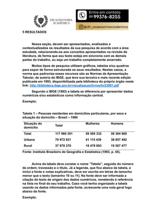 5 RESULTADOS
Nessa seção, devem ser apresentados, analisados e
contextualizados os resultados da sua pesquisa de acordo com a área
estudada, relacionando-os aos conceitos apresentados na revisão de
literatura, de forma que seu texto esteja em sincronia com as demais
partes do trabalho, ou seja um trabalho completamente amarrado.
Muitos tipos de pesquisa utilizam gráficos, tabelas e/ou quadros
para expor de forma estruturada os seus resultados. Nestes casos, a
norma que padroniza esses recursos são as Normas de Apresentação
Tabular, de autoria do IBGE, que teve sua terceira e mais recente edição
publicada em 1993, disponibilizada pela biblioteca do próprio órgão neste
link: http://biblioteca.ibge.gov.br/visualizacao/livros/liv23907.pdf
Segundo o IBGE (1993) a tabela se diferencia por apresentar dados
numéricos e/ou estatísticos como informação central.
Exemplo:
Tabela 1 – Pessoas residentes em domicílios particulares, por sexo e
situação do domicílio – Brasil – 1980
Situação do
domicílio
Total
Mulheres Homens
Total 117 960 301 59 595 332 58 364 969
Urbana 79 972 931 41 115 439 38 857 492
Rural 37 978 370 18 479 893 19 507 477
Fonte: Instituto Brasileiro de Geografia e Estatística (1993, p. 45).
Acima da tabela deve constar o nome “Tabela”, seguido do número
de ordem, travessão e o título. Já a legenda, que fica abaixo da tabela, e
inclui a fonte e notas explicativas, deve ser escrita em letras de tamanho
menor que o texto (tamanho 10 ou 11). Na fonte deve ser informada a
citação do texto de origem dos dados numéricos, remetendo à referência
na lista no final do seu trabalho. Caso você tenha organizado a tabela
usando os dados informados pela fonte, acrescente uma nota geral logo
abaixo da fonte.
Exemplo:
 