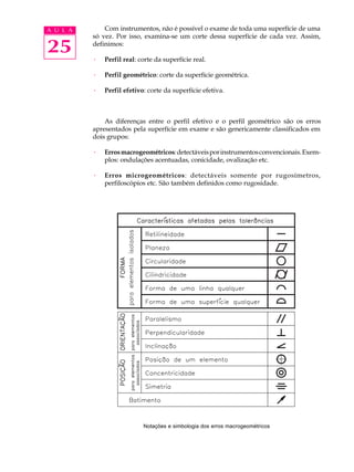 A U L A       Com instrumentos, não é possível o exame de toda uma superfície de uma
          só vez. Por isso, examina-se um corte dessa superfície de cada vez. Assim,

25        definimos:

          ·   Perfil real: corte da superfície real.

          ·   Perfil geométrico: corte da superfície geométrica.

          ·   Perfil efetivo: corte da superfície efetiva.



              As diferenças entre o perfil efetivo e o perfil geométrico são os erros
          apresentados pela superfície em exame e são genericamente classificados em
          dois grupos:

          ·   Erros macrogeométricos: detectáveis por instrumentos convencionais. Exem-
              plos: ondulações acentuadas, conicidade, ovalização etc.

          ·   Erros microgeométricos: detectáveis somente por rugosímetros,
              perfiloscópios etc. São também definidos como rugosidade.




                            Notações e simbologia dos erros macrogeométricos
 