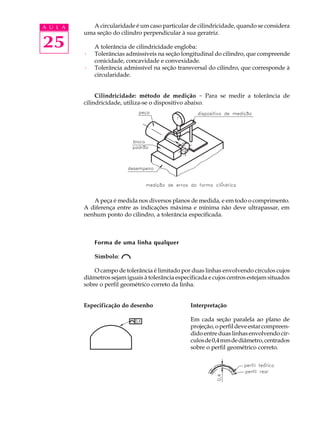 A U L A      A circularidade é um caso particular de cilindricidade, quando se considera
          uma seção do cilindro perpendicular à sua geratriz.

25        ·
              A tolerância de cilindricidade engloba:
              Tolerâncias admissíveis na seção longitudinal do cilindro, que compreende
              conicidade, concavidade e convexidade.
          ·   Tolerância admissível na seção transversal do cilindro, que corresponde à
              circularidade.


               Cilindricidade: método de medição - Para se medir a tolerância de
          cilindricidade, utiliza-se o dispositivo abaixo.




             A peça é medida nos diversos planos de medida, e em todo o comprimento.
          A diferença entre as indicações máxima e mínima não deve ultrapassar, em
          nenhum ponto do cilindro, a tolerância especificada.



              Forma de uma linha qualquer

              Símbolo:

              O campo de tolerância é limitado por duas linhas envolvendo círculos cujos
          diâmetros sejam iguais à tolerância especificada e cujos centros estejam situados
          sobre o perfil geométrico correto da linha.


          Especificação do desenho                 Interpretação

                                                   Em cada seção paralela ao plano de
                                                   projeção, o perfil deve estar compreen-
                                                   dido entre duas linhas envolvendo cír-
                                                   culos de 0,4 mm de diâmetro, centrados
                                                   sobre o perfil geométrico correto.
 