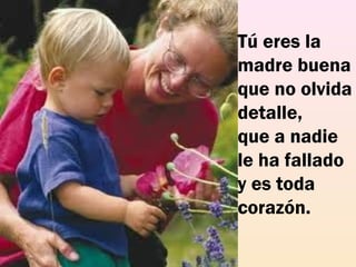Tú eres la
madre buena
que no olvida
detalle,
que a nadie
le ha fallado
y es toda
corazón.
 