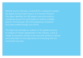 1Global Powers of Consumer Products 2015
Deloitte Touche Tohmatsu Limited (DTTL) is pleased to present
the eighth annual G...