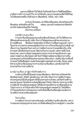 นอกจากนี้ยังทำาให้ได้เข้าใจถึงหลักในการใช้ชีวิตคู่ที่ต้อง
อาศัยความรัก ความเข้าใจ ความให้อภัย และความอดทนเพื่อให้ชีวิตคู่
ไปได้ตลอดรอดฝั่ง ดังตัวอย่าง (พิมลพัทธ์, 2553, หน้า 169,
หากเขารักหล่อน เขาก็ต้องเชื่อหล่อน ต้องพร้อมจะรับ
ฟังหล่อน พร้อมที่จะเข้าใจ หล่อน และแม้ว่าหล่อนจะทำาผิดจริง
เขาก็ควรต้องพร้อมที่จะให้อภัย
มันง่ายๆ แค่นี้เอง
กลวิธีการเล่าเรื่อง
การเล่าเรื่องเป็นมุมมองแบบนักเขียนรู้ไปหมด เข้าใจได้ถึงความ
รู้สึกของตัวละครทุกตัว สลับ กับการใช้มุมมองแบบตัวละครบรรยาย
ความรู้สึกเอง ซึ่งเป็นภาคต่อหลังจากเรื่องราวคลี่คลายลงแล้ว กล่าว
โดยรวม ความสามารถของผู้เขียนในการวางโครงเรื่องอยู่ในระดับดี แม้
เรื่องราวจะไม่แปลกใหม่ เพราะการสลับร่างระหว่างเพศเดียวกัน หรือ
ต่างเพศ เป็นที่แพร่หลายและได้อ่านกันมานานแล้ว แต่ความลื่นไหล
ของภาษา และการจัดหาเหตุผลประกอบการกระทำาของตัวละคร และ
เหตุการณ์ต่างๆ เป็นไปอย่างดี จึงทำาให้ผู้อ่านติดตามได้อย่างราบรื่น
และสนุกสนานกับปมที่ค่อยคลายออกมาทีละเปลาะ ปมที่นวนิยายเรื่องนี้
กำาหนดไว้เพื่อดึงดูดความสนใจของผู้อ่านค่อนข้างกระชับ รัดกุม แม้จะ
มีจำานวนโครงเรื่องย่อยมากกว่านวนิยายเรื่องอื่นๆ แต่กลับไม่ทำาให้
อรรถรสในการอ่านเสียไป
นวนิยายเรื่อง ปาฏิหาริย์รักสลับร่าง
นวนิยายเรื่องนี้เป็นผลงานของพิมพ์ผกา จัดจำาหน่ายโดยสำานัก
พิมพ์ดอกหญ้า 2000 เล่มเดียวจบ กล่าวถึง เรื่องราวการสลับร่างของ
ชายหนุ่มคนหนึ่งกับหญิงสาวที่เป็นหลานสาวเจ้าพ่อ แต่โชคร้ายที่ร่าง
ของเขาถูกเผาไปหลังจากเกิดอุบัติเหตุทำาให้เขาไม่สามารถหาทางกลับ
ร่างเดิมได้ ส่วนจิตของหญิงสาวที่เป็นเจ้าของที่เขามาอาศัยอยู่นั้นหาย
ไปอย่างถาวร ทำาให้เขาต้องใช้ร่างของหญิงสาวตลอดไป โดยที่ต้อง
ทำาใจยอมรับกับร่างใหม่และความรักที่เกิดขึ้นกับเพื่อนผู้ชายหลังจาก
เขาสลับร่างกลายเป็นหญิงแล้ว
โครงเรื่อง
การสลับร่างระหว่างชายกับหญิง แต่ไม่มีความเกี่ยวข้องกัน เพราะ
ร่างของชายหนุ่มถูกทำาลายลง เขาจึงต้องติดอยู่ในร่างหญิงสาว และเกิด
102
 