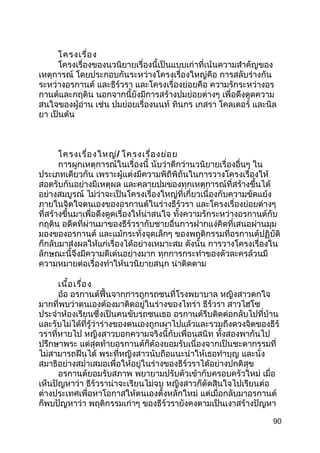 โครงเรื่อง
โครงเรื่องของนวนิยายเรื่องนี้เป็นแบบเก่าที่เน้นความสำาคัญของ
เหตุการณ์ โดยประกอบกันระหว่างโครงเรื่องใหญ่คือ การสลับร่างกัน
ระหว่างอรกานต์ และธีร์วรา และโครงเรื่องย่อยคือ ความรักระหว่างอร
กานต์และกฤติน นอกจากนี้ยังมีการสร้างปมย่อยต่างๆ เพื่อดึงดูดความ
สนใจของผู้อ่าน เช่น ปมย่อยเรื่องนนท์ ทินกร เกสรา โคลเดอร์ และนิล
ยา เป็นต้น
โครงเรื่องใหญ่/ โครงเรื่องย่อย
การผูกเหตุการณ์ในเรื่องนี้ นับว่าดีกว่านวนิยายเรื่องอื่นๆ ใน
ประเภทเดียวกัน เพราะผู้แต่งมีความพิถีพิถันในการวางโครงเรื่องให้
สอดรับกันอย่างมีเหตุผล และคลายปมของทุกเหตุการณ์ที่สร้างขึ้นได้
อย่างสมบูรณ์ ไม่ว่าจะเป็นโครงเรื่องใหญ่ที่เกี่ยวเนื่องกับความขัดแย้ง
ภายในจิตใจตนเองของอรกานต์ในร่างธีร์วรา และโครงเรื่องย่อยต่างๆ
ที่สร้างขึ้นมาเพื่อดึงดูดเรื่องให้น่าสนใจ ทั้งความรักระหว่างอรกานต์กับ
กฤติน อดีตที่ผ่านมาของธีร์วรากับชายอื่นการฝากแง่คิดที่เสนอผ่านมุม
มองของอรกานต์ และแม้กระทั่งจุดเล็กๆ ของพฤติกรรมที่อรกานต์ปฏิบัติ
ก็กลับมาส่งผลให้แก่เรื่องได้อย่างเหมาะสม ดังนั้น การวางโครงเรื่องใน
ลักษณะนี้จึงมีความดีเด่นอย่างมาก ทุกการกระทำาของตัวละครล้วนมี
ความหมายต่อเรื่องทำาให้นวนิยายสนุก น่าติดตาม
เนื้อเรื่อง
อ้อ อรกานต์ฟื้นจากการถูกรถชนที่โรงพยาบาล หญิงสาวตกใจ
มากที่พบว่าตนเองต้องมาติดอยู่ในร่างของไทร่า ธีร์วรา สาวไฮโซ
ประจำาห้องเรียนซึ่งเป็นคนขับรถชนเธอ อรกานต์รีบติดต่อกลับไปที่บ้าน
และรับไม่ได้ที่รู้ว่าร่างของตนเองถูกเผาไปแล้วและรวมถึงดวงจิตของธีร์
วราที่หายไป หญิงสาวบอกความจริงนี้กับเพื่อนสนิท ทั้งสองพากันไป
ปรึกษาพระ แต่สุดท้ายอรกานต์ก็ต้องยอมรับเนื่องจากเป็นชะตากรรมที่
ไม่สามารถฝืนได้ พระที่หญิงสาวนับถือแนะนำาให้เธอทำาบุญ และนั่ง
สมาธิอย่างสมำ่าเสมอเพื่อให้อยู่ในร่างของธีร์วราได้อย่างปกติสุข
อรกานต์ยอมรับสภาพ พยายามปรับตัวเข้ากับครอบครัวใหม่ เมื่อ
เห็นปัญหาว่า ธีร์วราน่าจะเรียนไม่จบ หญิงสาวก็ตัดสินใจไปเรียนต่อ
ต่างประเทศเพื่อหาโอกาสให้ตนเองตั้งหลักใหม่ แต่เมื่อกลับมาอรกานต์
ก็พบปัญหาว่า พฤติกรรมเก่าๆ ของธีร์วรายังคงตามเป็นเงาสร้างปัญหา
90
 