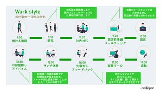 Work style
お仕事の一日のながれ
9:00
出社＆清掃
9:10
朝礼
9:20
社内MTG
10:00
開店
9:40
開店前準備
メールチェック
10:30
お部屋探し
アドバイス
12:00
ランチ休憩
16:00
先輩から
フィードバック
17:00
事務ワーク
18:00
退勤
毎朝のメールチェックは
欠かせません
開店前の準備も終わらせます
分からないことや
困ったことは
すぐに先輩に聞いて解消！
全員でサポートする文化です
お客様への接客業務です
反響営業が基本なため、
ノルマや飛込営業が無いことが
わたしたちの特徴です
朝礼は毎日実施します
社内コミュニケーションは
仕事を円滑に回します
 