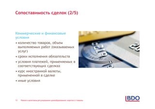 Сопоставимость сделок (2/5)



Коммерческие и финансовые
условия
• количество товаров, объем
  выполняемых работ (оказываемых
  услуг)
• сроки исполнения обязательств
• условия платежей, применяемых в
  соответствующих сделках
• курс иностранной валюты,
  примененной в сделке
• иные условия




13   Новое в налоговом регулировании ценообразования: коротко о главном
 