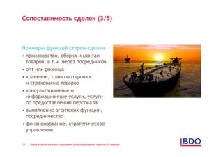 Сопоставимость сделок (3/5)



Примеры функций сторон сделки
• производство, сборка и монтаж
  товаров, в т.ч. через посредников
• опт или розница
• хранение, транспортировка
  и страхование товаров
• консультационные и
  информационные услуги, услуги
  по предоставлению персонала
• выполнение агентских функций,
  посредничество
• финансирование, стратегическое
  управление

14   Новое в налоговом регулировании ценообразования: коротко о главном
 