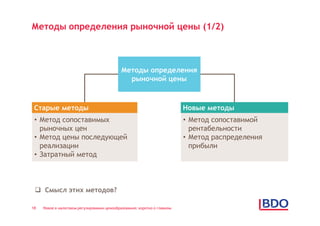 Методы определения рыночной цены (1/2)



                                             Методы определения
                                               рыночной цены



 Старые методы                                                            Новые методы
 • Метод сопоставимых                                                     • Метод сопоставимой
   рыночных цен                                                             рентабельности
 • Метод цены последующей                                                 • Метод распределения
   реализации                                                               прибыли
 • Затратный метод



  Смысл этих методов?

18   Новое в налоговом регулировании ценообразования: коротко о главном
 
