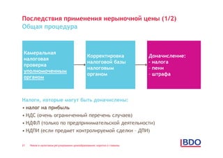 Последствия применения нерыночной цены (1/2)
Общая процедура



 Камеральная
                                               Корректировка              Доначисление:
 налоговая
                                               налоговой базы             – налога
 проверка
                                               налоговым                  - пени
 уполномоченным
                                               органом                    - штрафа
 органом



Налоги, которые могут быть доначислены:
• налог на прибыль
• НДС (очень ограниченный перечень случаев)
• НДФЛ (только по предпринимательской деятельности)
• НДПИ (если предмет контролируемой сделки – ДПИ)

21   Новое в налоговом регулировании ценообразования: коротко о главном
 