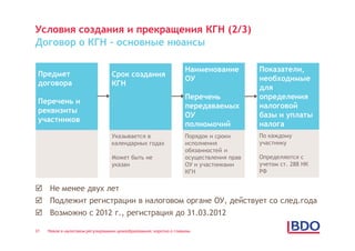 Условия создания и прекращения КГН (2/3)
Договор о КГН – основные нюансы

                                                                    Наименование         Показатели,
 Предмет                          Срок создания
                                                                    ОУ                   необходимые
 договора                         КГН
                                                                                         для
                                                                    Перечень             определения
 Перечень и
                                                                    передаваемых         налоговой
 реквизиты
                                                                    ОУ                   базы и уплаты
 участников
                                                                    полномочий           налога
                                  Указывается в                     Порядок и сроки      По каждому
                                  календарных годах                 исполнения           участнику
                                                                    обязанностей и
                                  Может быть не                     осуществления прав   Определяются с
                                  указан                            ОУ и участниками     учетом ст. 288 НК
                                                                    КГН                  РФ


 Не менее двух лет
 Подлежит регистрации в налоговом органе ОУ, действует со след.года
 Возможно с 2012 г., регистрация до 31.03.2012

31   Новое в налоговом регулировании ценообразования: коротко о главном
 