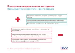 Последствия внедрения нового инструмента
Преимущества и недостатки нового порядка


                                          Отсутствие налогового контроля цен по сделкам внутри
                                          Группы

                                          Существенное уменьшение налоговой отчётности в Группе

                                          Возможность консолидации убытков внутри Группы



         Невозможность учёта убытков, полученных участниками до
         создания КГН


         Недопущение формирования резервов внутри Группы;
         необходимость восстановления ранее созданных резервов

         Солидарная ответственность участников КГН по уплате
         налога, пени, штрафа после выхода из КГН




34   Новое в налоговом регулировании ценообразования: коротко о главном
 