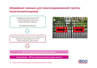Штрафные санкции для консолидированной группы
налогоплательщиков

             Сообщение участником КГН
              ответственному участнику
               недостоверных данных

                 Несообщение данных




     Неуплата или неполная уплата налога на
          прибыль организаций по КГН
           ответственным участником




                       20 % от неуплаченной суммы налога

            Умышленно – 40 % от неуплаченной суммы налога

36     Новое в налоговом регулировании ценообразования: коротко о главном
 