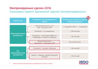 Контролируемые сделки (3/4)
Суммовые пороги признания сделок контролируемыми


      Группы лиц
                                      Основание контролируемости
                                                сделок
                                                                           Условие для признания сделок
                                                                                контролируемыми
                                                                                                            
                                            Взаимозависимость А и B
                                                                           > 1 млрд.руб. (2012 - > 3 млрд.руб.)
                                              (оба - резиденты РФ)

                                          Контрагент – на спецрежиме                 > 100 млн.руб.
    Взаимозависимые
      контрагенты                    Контрагент - плательщик НДПИ или
                                                                                      > 60 млн.руб.
                                      освобождён от налога на прибыль

                                              Взаимозависимость
                                                                                    Без ограничений
                                         (контрагент - нерезидент РФ)


                                       Контрагент - резидент оффшора                  > 60 млн.руб.
           Не-
    взаимозависимые
       контрагенты                  Сделки с товарами мировой биржевой
                                                                                      > 60 млн.руб.
                                                  торговли



7     Новое в налоговом регулировании ценообразования: коротко о главном
 