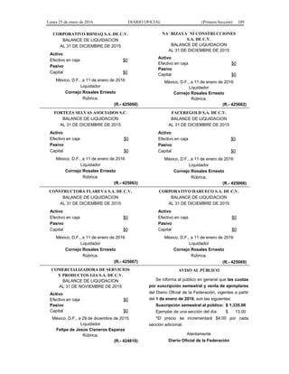 Lunes 25 de enero de 2016 DIARIO OFICIAL (Primera Sección) 109
CORPORATIVO RHMAQ S.A. DE C.V.
BALANCE DE LIQUIDACION
AL 31 DE DICIEMBRE DE 2015
Activo
Efectivo en caja $0
Pasivo
Capital $0
México, D.F., a 11 de enero de 2016
Liquidador
Cornejo Rosales Ernesto
Rúbrica.
(R.- 425060)
NA´ BIZAYA´ NI CONSTRUCCIONES
S.A. DE C.V.
BALANCE DE LIQUIDACION
AL 31 DE DICIEMBRE DE 2015
Activo
Efectivo en caja $0
Pasivo
Capital $0
México, D.F., a 11 de enero de 2016
Liquidador
Cornejo Rosales Ernesto
Rúbrica.
(R.- 425062)
FORTEZA SELVAS ASOCIADOS S.C.
BALANCE DE LIQUIDACION
AL 31 DE DICIEMBRE DE 2015
Activo
Efectivo en caja $0
Pasivo
Capital $0
México, D.F., a 11 de enero de 2016
Liquidador
Cornejo Rosales Ernesto
Rúbrica.
(R.- 425063)
FACEREGOLD S.A. DE C.V.
BALANCE DE LIQUIDACION
AL 31 DE DICIEMBRE DE 2015
Activo
Efectivo en caja $0
Pasivo
Capital $0
México, D.F., a 11 de enero de 2016
Liquidador
Cornejo Rosales Ernesto
Rúbrica.
(R.- 425066)
CONSTRUCTORA FLAREVA S.A. DE C.V.
BALANCE DE LIQUIDACION
AL 31 DE DICIEMBRE DE 2015
Activo
Efectivo en caja $0
Pasivo
Capital $0
México, D.F., a 11 de enero de 2016
Liquidador
Cornejo Rosales Ernesto
Rúbrica.
(R.- 425067)
CORPORATIVO HARUECO S.A. DE C.V.
BALANCE DE LIQUIDACION
AL 31 DE DICIEMBRE DE 2015
Activo
Efectivo en caja $0
Pasivo
Capital $0
México, D.F., a 11 de enero de 2016
Liquidador
Cornejo Rosales Ernesto
Rúbrica.
(R.- 425069)
COMERCIALIZADORA DE SERVICIOS
Y PRODUCTOS GIA S.A. DE C.V.
BALANCE DE LIQUIDACION
AL 31 DE NOVIEMBRE DE 2015
Activo
Efectivo en caja $0
Pasivo
Capital $0
México, D.F., a 29 de diciembre de 2015
Liquidador
Felipe de Jesús Cisneros Esparza
Rúbrica.
(R.- 424810)
AVISO AL PÚBLICO
Se informa al público en general que las cuotas
por suscripción semestral y venta de ejemplares
del Diario Oficial de la Federación, vigentes a partir
del 1 de enero de 2016, son las siguientes:
Suscripción semestral al público: $ 1,335.00
Ejemplar de una sección del día: $ 13.00
*El precio se incrementará $4.00 por cada
sección adicional.
Atentamente
Diario Oficial de la Federación
 