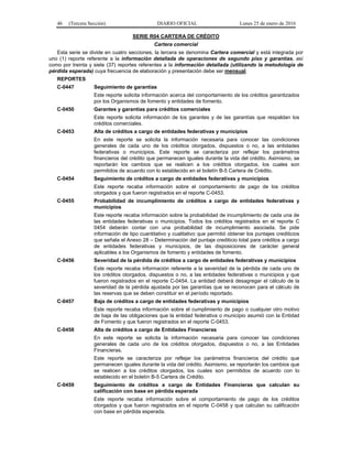 46 (Tercera Sección) DIARIO OFICIAL Lunes 25 de enero de 2016
SERIE R04 CARTERA DE CRÉDITO
Cartera comercial
Esta serie se divide en cuatro secciones, la tercera se denomina Cartera comercial y está integrada por
uno (1) reporte referente a la información detallada de operaciones de segundo piso y garantías, así
como por treinta y siete (37) reportes referentes a la información detallada (utilizando la metodología de
pérdida esperada) cuya frecuencia de elaboración y presentación debe ser mensual.
REPORTES
C-0447 Seguimiento de garantías
Este reporte solicita información acerca del comportamiento de los créditos garantizados
por los Organismos de fomento y entidades de fomento.
C-0450 Garantes y garantías para créditos comerciales
Este reporte solicita información de los garantes y de las garantías que respaldan los
créditos comerciales.
C-0453 Alta de créditos a cargo de entidades federativas y municipios
En este reporte se solicita la información necesaria para conocer las condiciones
generales de cada uno de los créditos otorgados, dispuestos o no, a las entidades
federativas o municipios. Este reporte se caracteriza por reflejar los parámetros
financieros del crédito que permanecen iguales durante la vida del crédito. Asimismo, se
reportarán los cambios que se realicen a los créditos otorgados, los cuales son
permitidos de acuerdo con lo establecido en el boletín B-5 Cartera de Crédito.
C-0454 Seguimiento de créditos a cargo de entidades federativas y municipios
Este reporte recaba información sobre el comportamiento de pago de los créditos
otorgados y que fueron registrados en el reporte C-0453.
C-0455 Probabilidad de incumplimiento de créditos a cargo de entidades federativas y
municipios
Este reporte recaba información sobre la probabilidad de incumplimiento de cada una de
las entidades federativas o municipios. Todos los créditos registrados en el reporte C
0454 deberán contar con una probabilidad de incumplimiento asociada. Se pide
información de tipo cuantitativo y cualitativo que permitió obtener los puntajes crediticios
que señala el Anexo 28 – Determinación del puntaje crediticio total para créditos a cargo
de entidades federativas y municipios, de las disposiciones de carácter general
aplicables a los Organismos de fomento y entidades de fomento.
C-0456 Severidad de la pérdida de créditos a cargo de entidades federativas y municipios
Este reporte recaba información referente a la severidad de la pérdida de cada uno de
los créditos otorgados, dispuestos o no, a las entidades federativas o municipios y que
fueron registrados en el reporte C-0454. La entidad deberá desagregar el cálculo de la
severidad de la pérdida ajustada por las garantías que se reconocen para el cálculo de
las reservas que se deben constituir en el período reportado.
C-0457 Baja de créditos a cargo de entidades federativas y municipios
Este reporte recaba información sobre el cumplimiento de pago o cualquier otro motivo
de baja de las obligaciones que la entidad federativa o municipio asumió con la Entidad
de Fomento y que fueron registrados en el reporte C-0453.
C-0458 Alta de créditos a cargo de Entidades Financieras
En este reporte se solicita la información necesaria para conocer las condiciones
generales de cada uno de los créditos otorgados, dispuestos o no, a las Entidades
Financieras.
Este reporte se caracteriza por reflejar los parámetros financieros del crédito que
permanecen iguales durante la vida del crédito. Asimismo, se reportarán los cambios que
se realicen a los créditos otorgados, los cuales son permitidos de acuerdo con lo
establecido en el boletín B-5 Cartera de Crédito.
C-0459 Seguimiento de créditos a cargo de Entidades Financieras que calculan su
calificación con base en pérdida esperada
Este reporte recaba información sobre el comportamiento de pago de los créditos
otorgados y que fueron registrados en el reporte C-0458 y que calculan su calificación
con base en pérdida esperada.
 