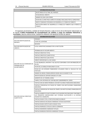 56 (Tercera Sección) DIARIO OFICIAL Lunes 25 de enero de 2016
INFORMACIÓN SOLICITADA
SALDO INSOLUTO AL FINAL DEL PERIODO
SITUACIÓN DEL CRÉDITO
NÚMERO DE DÍAS CON ATRASO
FECHA DEL ÚLTIMO PAGO COMPLETO EXIGIBLE REALIZADO POR EL ACREDITADO
MONTO FONDEADO POR BANCO DE DESARROLLO O FONDO DE FOMENTO
INSTITUCIÓN BANCA DE DESARROLLO O FONDO DE FOMENTO QUE OTORGÓ EL
FONDEO
El organismo de fomento y entidad de fomento llevarán a cabo el envío de la información relacionada con
el reporte C-0455 Probabilidad de incumplimiento de créditos a cargo de entidades federativas y
municipios, descrito anteriormente, mediante la utilización del siguiente formato de captura:
INFORMACIÓN SOLICITADA
SECCIÓN IDENTIFICADOR DEL
REPORTE
PERIODO
CLAVE DE LA ENTIDAD
REPORTE
SECCIÓN IDENTIFICADOR DEL
CRÉDITO
ID DEL ACREDITADO ASIGNADO POR LA INSTITUCIÓN
SECCIÓN CÁLCULO AGREGADO DE
PROBABILIDAD DE
INCUMPLIMIENTO
PROBABILIDAD DE INCUMPLIMIENTO
PUNTAJE CREDITICIO TOTAL
PUNTAJE CREDITICIO CUANTITATIVO
PUNTAJE CREDITICIO CUALITATIVO
CRÉDITO REPORTADO A LA SIC (SI/NO)
LA SIC REGRESÓ EL REPORTE Y SE CALIFICÓ CONFORME A ESTA INFORMACIÓN (HIT
EN SIC)
FECHA DE LA CONSULTA REALIZADA A LA SIC
FECHA DE LOS ESTADOS FINANCIEROS UTILIZADOS PARA EL CÁLCULO DE LOS
PUNTAJES
NÚMERO DE MESES TRANSCURRIDOS DESDE QUE SE ASIGNÓ PI=100
IDENTIFICADOR DE CARTERA VENCIDA O PI CIEN
GARANTÍA DE LEY FEDERAL (SI/NO)
CUMPLE CON CRITERIOS DE CONTABILIDAD GUBERNAMENTAL (SI/NO)
SECCIÓN PUNTAJE CREDITICIO
CUANTITATIVO
PUNTAJE DÍAS DE MORA PROMEDIO CON INSTITUCIONES FINANCIERAS BANCARIAS
PUNTAJE PORCENTAJE DE PAGOS EN TIEMPO CON INSTITUCIONES FINANCIERAS
BANCARIAS
PUNTAJE PORCENTAJE DE PAGOS EN TIEMPO CON INSTITUCIONES FINANCIERAS NO
BANCARIAS
PUNTAJE NÚMERO DE INSTITUCIONES CALIFICADORAS RECONOCIDAS CONFORME A
LAS PRESENTES DISPOSICIONES QUE OTORGAN CALIFICACIÓN A LA ENTIDAD
FEDERATIVA O MUNICIPIO
PUNTAJE DEUDA TOTAL A PARTICIPACIONES ELEGIBLES
PUNTAJE SERVICIO DE DEUDA A INGRESOS TOTALES AJUSTADOS
PUNTAJE DEUDA CORTO PLAZO A DEUDA TOTAL
PUNTAJE INGRESOS TOTALES A GASTO CORRIENTE
PUNTAJE INVERSIÓN A INGRESOS TOTALES
PUNTAJE INGRESOS PROPIOS A INGRESOS TOTALES
 