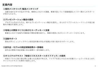 Copyright © 2024 Jun SUTO All Rights Reserved.
支援内容
10
①個別メンタリング/集団メンタリング
活動を進める中での悩みや不安、事業化に向けての課題、事業内容について経験豊富なメンター陣からのサポート
が受けられます。
②プレゼンテーション機会の提供
プログラム内はもちろん、様々なプレゼンテーション機会を提供し、自らのアイデアへのフィードバックや協力者
集めの機会を提供します。
③地域との関係づくりに向けたコーディネート支援
事業化に向けて地域内の事業者や関係部署を紹介し、事業の現実に向けたコーディネートを行います。
④活動サポート
高知大学コミュニティデザイン研究室所属の学生が受講生の取り組みをサポートします。
⑤試作品・モデルの実証実験経費の一部補助
試作品の開発や実証実験に係る経費の一部を補助します。
⑥オリジナルテキスト『地域ビジネススタートガイドブック』の提供
地域ビジネスに取り組む際に必要となる視点や考え方、アイデアを形にするための各種フレームワークをまとめた
オリジナルテキストを無料で提供します。
 