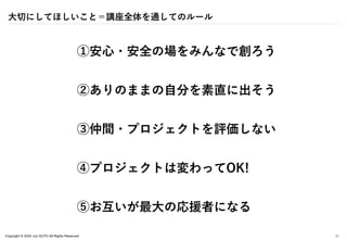 Copyright © 2024 Jun SUTO All Rights Reserved.
大切にしてほしいこと＝講座全体を通してのルール
11
①安心・安全の場をみんなで創ろう
②ありのままの自分を素直に出そう
③仲間・プロジェクトを評価しない
④プロジェクトは変わってOK!
⑤お互いが最大の応援者になる
 