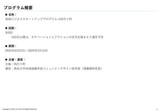 Copyright © 2024 Jun SUTO All Rights Reserved.
プログラム概要
 名称：
地域ビジネススタートアッププログラム in四万十町
 回数：
全9回
-6回目以降は、モチベーションとアクションの状況を踏まえて選定予定
 期間：
2024年6月22日〜2025年3月16日
 主催・運営：
主催：四万十町
運営：高知大学地域協働学部コミュニティデザイン研究室（須藤順研究室）
3
 