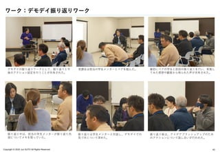 Copyright © 2024 Jun SUTO All Rights Reserved.
ワーク：デモデイ振り返りワーク
43
受講生は担当の学生メンターとペアを組んだ。 最初にペアの学生と前回の振り返りを行い、実施し
てみた感想や顧客から得られた声が共有された。
振り返り中は、担当の学生メンターが振り返り内
容についてメモを取っていた。
振り返り後は、アイデアブラッシュアップのため
のアクションについて話し合いが行われた。
振り返りは学生メンターと対話し、デモデイでの
気づきについて深めた。
デモデイの振り返りワークとして、振り返りと今
後のアクション設定を行うことが共有された。
 