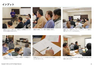 Copyright © 2024 Jun SUTO All Rights Reserved.
インプット
45
講座のスタート時には、須藤より全講座の中での
本日の目標が共有された。
講座の目標について聞く受講生の様子。 講座では、地域ブランディングとストーリー設計に
関するインプットが行われた。
地域ブランディングの事例と意識すべき理論など
の説明が行われた。
インプットの内容を自身の事業と紐づけて考える受
講生も見られた。
受講生はインプットで共有された内容をノートな
どにまとめていた。
 