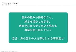 Copyright © 2024 Jun SUTO All Rights Reserved.
自分の強みや得意なこと、
好きを活かしながら、
自分が心からやりたいと思える
事業を創り出していく
自分・身の回りの人を幸せにする事業創り
プログラムゴール
7
 