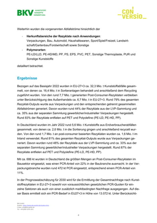 BKV GmbH
Studien: https://www.bkv-gmbh.de/studien.html
E-Mail: info@bkv-gmbh.de
Tel.: +49 (0)69 2556 1921
4
Weiterhin wurden die vorgenannten Abfallströme hinsichtlich der
- Herkunftsbereiche der Rezyklate nach Anwendungen:
Verpackungen, Bau, Automobil, Haushaltswaren, Sport/Spiel/Freizeit, Landwirt-
schaft/Gartenbau/Forstwirtschaft sowie Sonstige
- Polymerarten:
PE-LD/LLD, PE-HD/MD, PP, PS, EPS, PVC, PET, Sonstige Thermoplaste, PUR und
Sonstige Kunststoffe
detailliert betrachtet.
Ergebnisse
Bezogen auf das Basisjahr 2022 wurden in EU-27+3 ca. 32,3 Mio. t Kunststoffabfälle gesam-
melt, von denen ca. 16,4 Mio. t in Sortieranlagen behandelt und anschließend dem Recycling
zugeführt wurden. Von den rund 7,7 Mio. t generierten Post-Consumer-Rezyklaten verbleiben
unter Berücksichtigung des Außenhandels ca. 6,7 Mio. t in EU-27+3. Rund 79% des gesamten
Rezyklat-Outputs wurde aus Verpackungen und den entsprechenden getrennt gesammelten
Abfallströmen generiert. Davon wurden rund 44% der Rezyklate aus der LVP-Sammlung und
ca. 35% aus der separaten Sammlung gewerblicher/industrieller Verpackungen hergestellt.
Rund 83% der Rezyklate entfielen auf PET und Polyolefine (PE-LD, PE-HD, PP).
In Deutschland wurden im Jahr 2022 rund 5,6 Mio. t Kunststoffe aus Endverbraucherabfällen
gesammelt, von denen ca. 2,6 Mio. t in die Sortierung gingen und anschließend recycelt wur-
den. Von den rund 1,7 Mio. t an post-consumer basierten Rezyklaten wurden ca. 1,6 Mio. t im
Inland verwendet. Rund 81% des gesamten Rezyklat-Outputs wurde aus Verpackungen ge-
neriert. Davon wurden rund 48% der Rezyklate aus der LVP-Sammlung und ca. 33% aus der
separaten Sammlung gewerblicher/industrieller Verpackungen hergestellt. Rund 87% der
Rezyklate entfielen auf PET und Polyolefine (PE-LD, PE-HD, PP).
Mit ca. 686 kt wurden in Deutschland die größten Mengen an Post-Consumer-Rezyklaten im
Bausektor eingesetzt, was einen PCR-Anteil von 22% in der Baubranche ausmacht. In der Ver-
packungsbranche wurden rund 472 kt PCR eingesetzt, entsprechend einem PCR-Anteil von
11%.
In der Prognoseabschätzung für 2030 wird für die Ermittlung der Gesamtnachfrage nach Kunst-
stoffrezyklaten in EU-27+3 sowohl von voraussichtlichen gesetzlichen PCR-Quoten für ein-
zelne Sektoren als auch von einer zusätzlich marktbedingten Nachfrage ausgegangen. Auf die-
ser Basis ermittelt sich ein PCR-Bedarf in EU27+3 in Höhe von 13.072 kt. Unter Berücksichti-
 