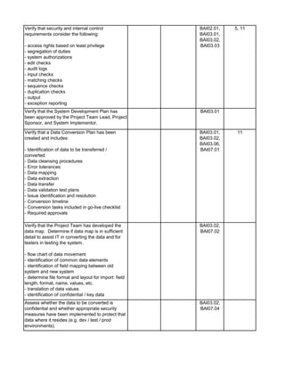 Verify that security and internal control
requirements consider the following:
- access rights based on least privilege
- segregation of duties
- system authorizations
- edit checks
- audit logs
- input checks
- matching checks
- sequence checks
- duplication checks
- output
- exception reporting
BAI02.01,
BAI03.01,
BAI03.02,
BAI03.03
5, 11
Verify that the System Development Plan has
been approved by the Project Team Lead, Project
Sponsor, and System Implementor.
BAI03.01
Verify that a Data Conversion Plan has been
created and includes:
- Identification of data to be transferred /
converted
- Data cleansing procedures
- Error tolerances
- Data mapping
- Data extraction
- Data transfer
- Data validation test plans
- Issue identification and resolution
- Conversion timeline
- Conversion tasks included in go-live checklist
- Required approvals
BAI03.01,
BAI03.02,
BAI03.06,
BAI07.01
11
Verify that the Project Team has developed the
data map. Determine if data map is in sufficient
detail to assist IT in converting the data and for
testers in testing the system.
- flow chart of data movement
- identification of common data elements
- identification of field mapping between old
system and new system
- determine file format and layout for import: field
length, format, name, values, etc.
- translation of data values
- identification of confidential / key data
BAI03.02,
BAI07.02
Assess whether the data to be converted is
confidential and whether appropriate security
measures have been implemented to protect that
data where it resides (e.g. dev / test / prod
environments).
BAI03.02,
BAI07.04
 