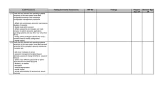 Testing Comments / Conclusions W/P Ref Findings Preparer
Sign-off
Reviewer Sign-
off
Audit Procedures
C12 Verify that any servers and operating systems
pertaining to the new system have been
configured according to the company's
configuration management procedures.
- default and unncecssary accounts / services are
disabled, if possible
- disable local admin account
- default passwords are changed and made
complex for admin accounts, application /
operating systems and any other new networked
device
- limiting admin privileges to those who have a
business need to modify configuration
- enable logging
C13 Verify that any servers and operating systems
pertaining to the new system have been secured
according to the company's security procedures.
Examples are:
- anti-virus / malware on server
- password management enabled (log-on
attempts, password change timeframe, password
history)
- admins have different passwords for admin
accounts and non-admin accounts
- disabling LM hashes
- encryption
- network segmentation
- enable firewall
- remote administration of servers over secure
channels
 