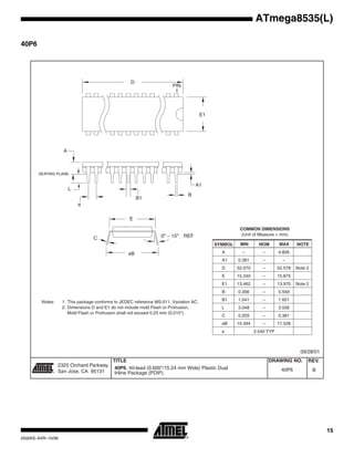 15
ATmega8535(L)
2502KS–AVR–10/06
40P6
2325 Orchard Parkway
San Jose, CA 95131
TITLE DRAWING NO.
R
REV.
40P6, 40-lead (0.600"/15.24 mm Wide) Plastic Dual
Inline Package (PDIP)
B40P6
09/28/01
PIN
1
E1
A1
B
REF
E
B1
C
L
SEATING PLANE
A
0º ~ 15º
D
e
eB
COMMON DIMENSIONS
(Unit of Measure = mm)
SYMBOL MIN NOM MAX NOTE
A – – 4.826
A1 0.381 – –
D 52.070 – 52.578 Note 2
E 15.240 – 15.875
E1 13.462 – 13.970 Note 2
B 0.356 – 0.559
B1 1.041 – 1.651
L 3.048 – 3.556
C 0.203 – 0.381
eB 15.494 – 17.526
e 2.540 TYP
Notes: 1. This package conforms to JEDEC reference MS-011, Variation AC.
2. Dimensions D and E1 do not include mold Flash or Protrusion.
Mold Flash or Protrusion shall not exceed 0.25 mm (0.010").
 
