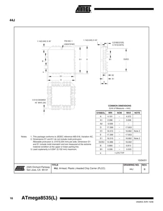 16 ATmega8535(L)
2502KS–AVR–10/06
44J
Notes: 1. This package conforms to JEDEC reference MS-018, Variation AC.
2. Dimensions D1 and E1 do not include mold protrusion.
Allowable protrusion is .010"(0.254 mm) per side. Dimension D1
and E1 include mold mismatch and are measured at the extreme
material condition at the upper or lower parting line.
3. Lead coplanarity is 0.004" (0.102 mm) maximum.
A 4.191 – 4.572
A1 2.286 – 3.048
A2 0.508 – –
D 17.399 – 17.653
D1 16.510 – 16.662 Note 2
E 17.399 – 17.653
E1 16.510 – 16.662 Note 2
D2/E2 14.986 – 16.002
B 0.660 – 0.813
B1 0.330 – 0.533
e 1.270 TYP
COMMON DIMENSIONS
(Unit of Measure = mm)
SYMBOL MIN NOM MAX NOTE
1.14(0.045) X 45˚ PIN NO. 1
IDENTIFIER
1.14(0.045) X 45˚
0.51(0.020)MAX
0.318(0.0125)
0.191(0.0075)
A2
45˚ MAX (3X)
A
A1
B1 D2/E2
B
e
E1 E
D1
D
44J, 44-lead, Plastic J-leaded Chip Carrier (PLCC) B44J
10/04/01
2325 Orchard Parkway
San Jose, CA 95131
TITLE DRAWING NO.
R
REV.
 