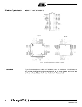 2 ATmega8535(L)
2502KS–AVR–10/06
Pin Configurations Figure 1. Pinout ATmega8535
Disclaimer Typical values contained in this data sheet are based on simulations and characteriza-
tion of other AVR microcontrollers manufactured on the same process technology. Min
and Max values will be available after the device is characterized.
(XCK/T0) PB0
(T1) PB1
(INT2/AIN0) PB2
(OC0/AIN1) PB3
(SS) PB4
(MOSI) PB5
(MISO) PB6
(SCK) PB7
RESET
VCC
GND
XTAL2
XTAL1
(RXD) PD0
(TXD) PD1
(INT0) PD2
(INT1) PD3
(OC1B) PD4
(OC1A) PD5
(ICP1) PD6
PA0 (ADC0)
PA1 (ADC1)
PA2 (ADC2)
PA3 (ADC3)
PA4 (ADC4)
PA5 (ADC5)
PA6 (ADC6)
PA7 (ADC7)
AREF
GND
AVCC
PC7 (TOSC2)
PC6 (TOSC1)
PC5
PC4
PC3
PC2
PC1 (SDA)
PC0 (SCL)
PD7 (OC2)
1
2
3
4
5
6
7
8
9
10
11
33
32
31
30
29
28
27
26
25
24
23
(MOSI) PB5
(MISO) PB6
(SCK) PB7
RESET
VCC
GND
XTAL2
XTAL1
(RXD) PD0
(TXD) PD1
(INT0) PD2
PA4 (ADC4)
PA5 (ADC5)
PA6 (ADC6)
PA7 (ADC7)
AREF
GND
AVCC
PC7 (TOSC2)
PC6 (TOSC1)
PC5
PC4
44
43
42
41
40
39
38
37
36
35
34
12
13
14
15
16
17
18
19
20
21
22
(INT1)PD3
(OC1B)PD4
(OC1A)PD5
(ICP1)PD6
(OC2)PD7
VCC
GND
(SCL)PC0
(SDA)PC1
PC2
PC3
PB4(SS)
PB3(AIN1/OC0)
PB2(AIN0/INT2)
PB1(T1)
PB0(XCK/T0)
GND
VCC
PA0(ADC0)
PA1(ADC1)
PA2(ADC2)
PA3(ADC3)
7
8
9
10
11
12
13
14
15
16
17
39
38
37
36
35
34
33
32
31
30
29
(MOSI) PB5
(MISO) PB6
(SCK) PB7
RESET
VCC
GND
XTAL2
XTAL1
(RXD) PD0
(TXD) PD1
(INT0) PD2
PA4 (ADC4)
PA5 (ADC5)
PA6 (ADC6)
PA7 (ADC7)
AREF
GND
AVCC
PC7 (TOSC2)
PC6 (TOSC1)
PC5
PC4
6
5
4
3
2
1
44
43
42
41
40
18
19
20
21
22
23
24
25
26
27
28
(INT1)PD3
(OC1B)PD4
(OC1A)PD5
(ICP1)PD6
(OC2)PD7
VCC
GND
(SCL)PC0
(SDA)PC1
PC2
PC3
PB4(SS)
PB3(AIN1/OC0)
PB2(AIN0/INT2)
PB1(T1)
PB0(XCK/T0)
GND
VCC
PA0(ADC0)
PA1(ADC1)
PA2(ADC2)
PA3(ADC3)
PLCC
NOTE: MLF Bottom pad should be soldered to ground.
 