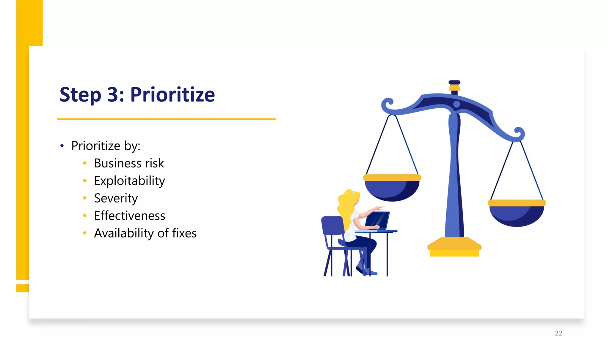 Step 3: Prioritize
• Prioritize by:
• Business risk
• Exploitability
• Severity
• Effectiveness
• Availability of fixes
22
 