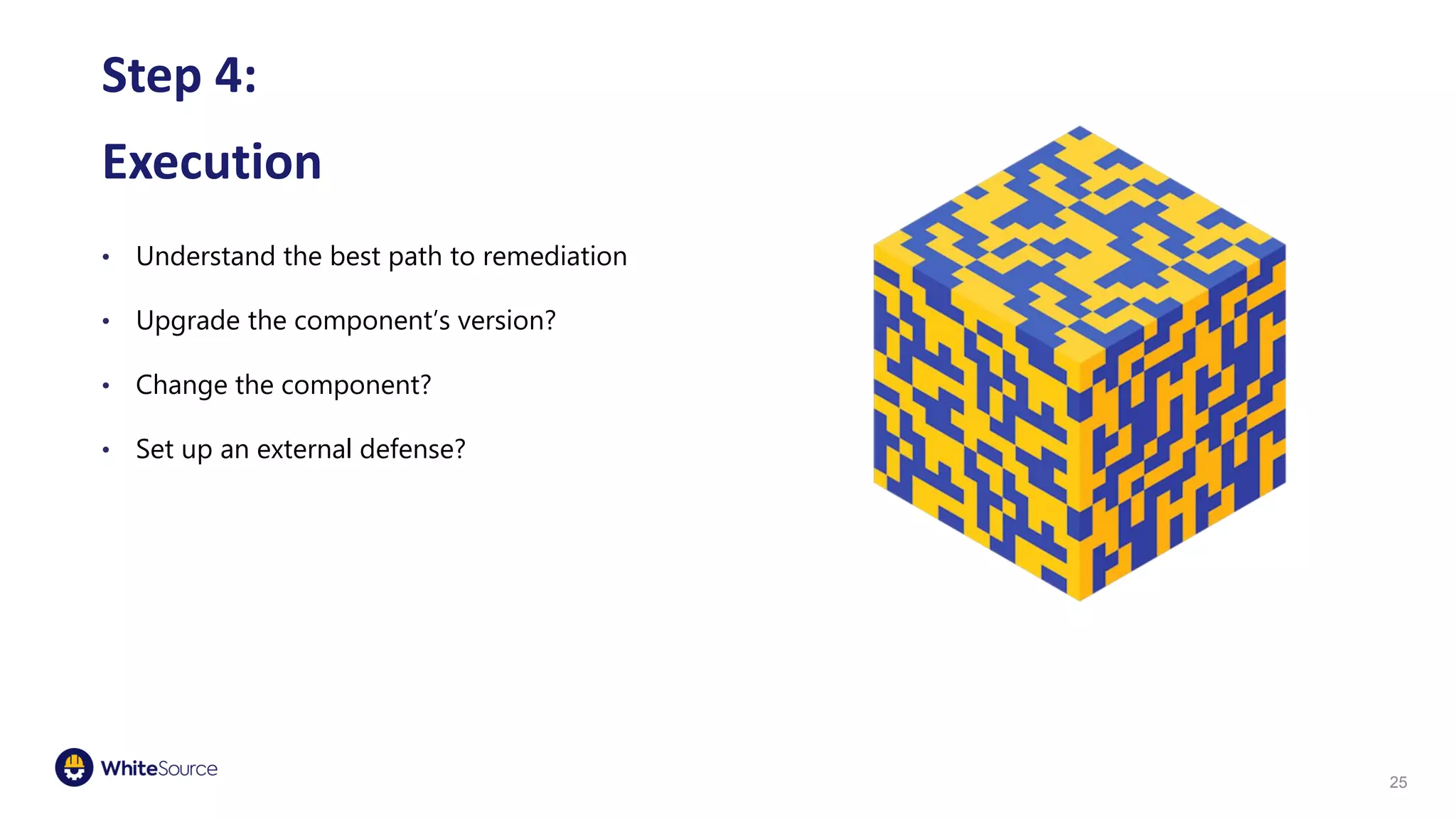 Step 4:
Execution
• Understand the best path to remediation
• Upgrade the component’s version?
• Change the component?
• Set up an external defense?
25
 