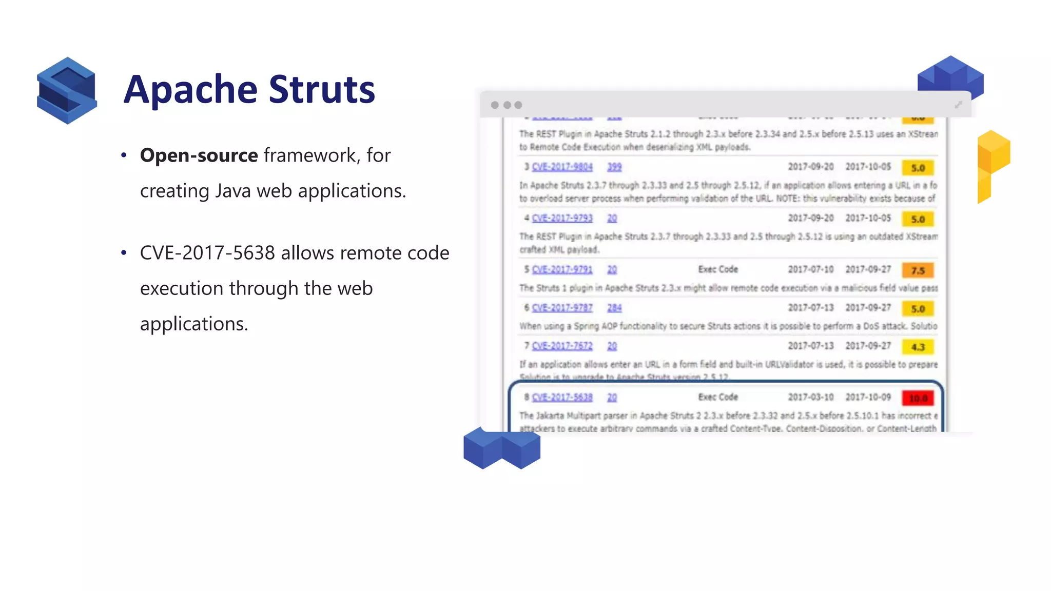 Apache Struts
• Open-source framework, for
creating Java web applications.
• CVE-2017-5638 allows remote code
execution through the web
applications.
 