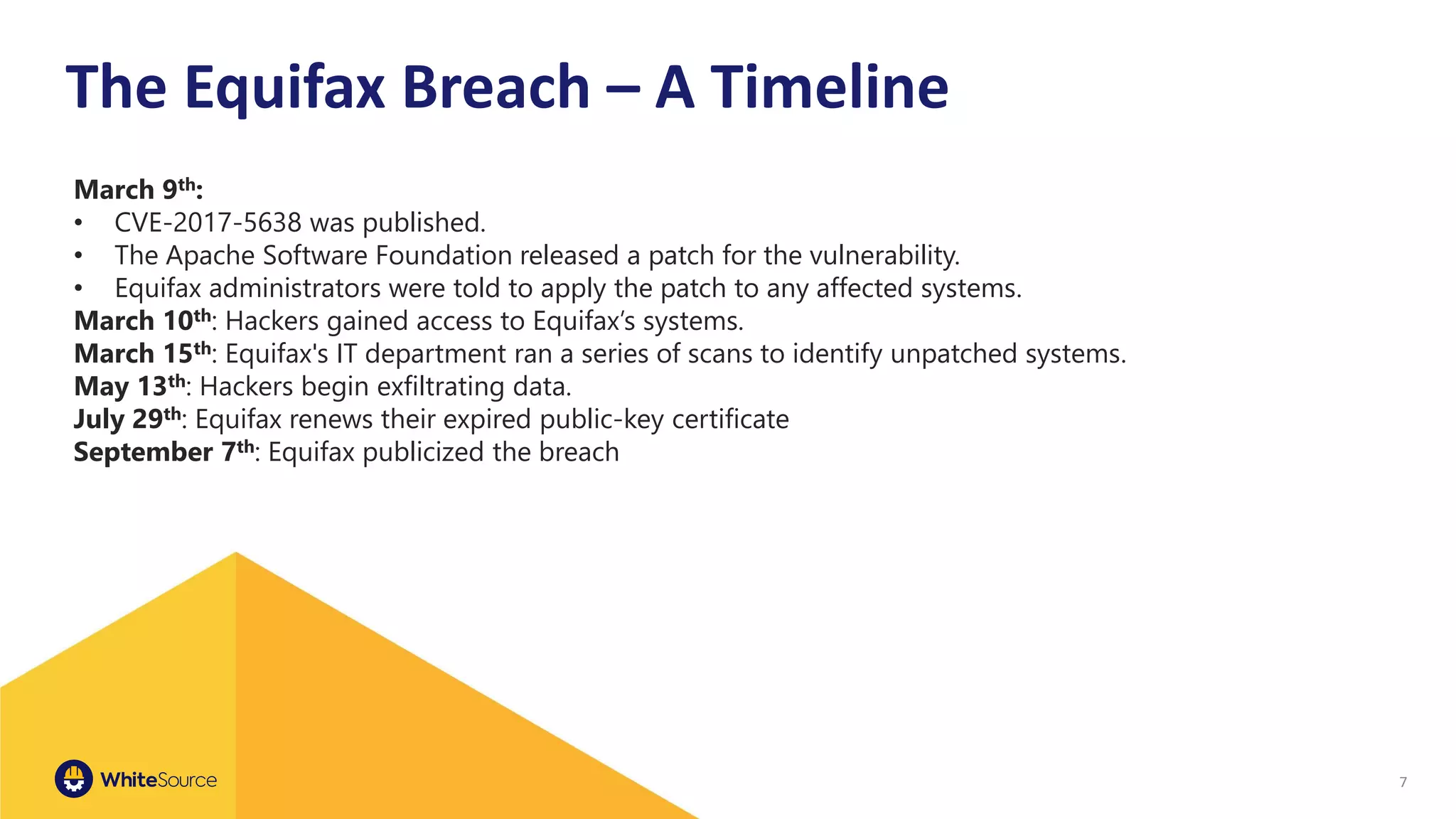 7
The Equifax Breach – A Timeline
March 9th:
• CVE-2017-5638 was published.
• The Apache Software Foundation released a patch for the vulnerability.
• Equifax administrators were told to apply the patch to any affected systems.
March 10th: Hackers gained access to Equifax’s systems.
March 15th: Equifax's IT department ran a series of scans to identify unpatched systems.
May 13th: Hackers begin exfiltrating data.
July 29th: Equifax renews their expired public-key certificate
September 7th: Equifax publicized the breach
 
