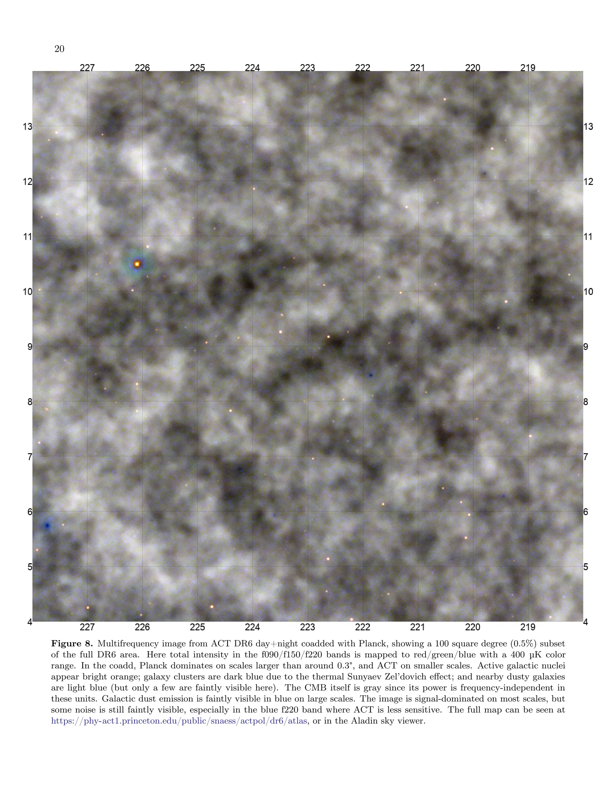 20
Figure 8. Multifrequency image from ACT DR6 day+night coadded with Planck, showing a 100 square degree (0.5%) subset
of the full DR6 area. Here total intensity in the f090/f150/f220 bands is mapped to red/green/blue with a 400 µK color
range. In the coadd, Planck dominates on scales larger than around 0.3°, and ACT on smaller scales. Active galactic nuclei
appear bright orange; galaxy clusters are dark blue due to the thermal Sunyaev Zel’dovich effect; and nearby dusty galaxies
are light blue (but only a few are faintly visible here). The CMB itself is gray since its power is frequency-independent in
these units. Galactic dust emission is faintly visible in blue on large scales. The image is signal-dominated on most scales, but
some noise is still faintly visible, especially in the blue f220 band where ACT is less sensitive. The full map can be seen at
https://phy-act1.princeton.edu/public/snaess/actpol/dr6/atlas, or in the Aladin sky viewer.
 