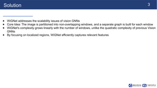 3
Solution
● WiGNet addresses the scalability issues of vision GNNs
● Core Idea: The image is partitioned into non-overlap...
