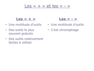 Les « + » et les « - »

         Les « + »                     Les « - »
✔
    Une multitude d'outils    ✔
                                  Une multitude d'outils
✔
    Des outils le plus        ✔
                                  C'est chronophage
    souvent gratuits
✔
    Des outils relativement
    faciles à utiliser
 