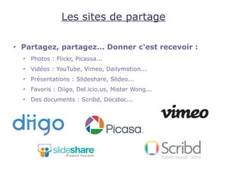 Les sites de partage

✔
    Partagez, partagez... Donner c'est recevoir :
    ✔
        Photos : Flickr, Picassa...
    ✔
        Vidéos : YouTube, Vimeo, Dailymotion...
    ✔
        Présentations : Slideshare, Slideo...
    ✔
        Favoris : Diigo, Del.icio.us, Mister Wong...
    ✔
        Des documents : Scribd, Docstoc...
 