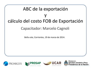 ABC de la exportación
y
cálculo del costo FOB de Exportación
Capacitador: Marcelo Cagnoli
Bella vste, Corrientes, 19 de marzo de 2014.
 