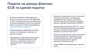 Податок на доходи фізичних,
ЄСВ та єдиний податок
• Зниження податкового навантаження на
фонд оплати праці (сукупно ЄСВ+ПДФО+ВЗ
до 20%) за умови заміщення недонадходжень
за рахунок модифікації податків на нерухоме
майно та скорочення видатків держбюджету,
зокрема оптимізації соцвиплат;
• Пенсійна реформа, реформування Фондів
соціального страхування, скорочення їх
функцій та витрат;
• Впровадження нових форм оподаткування
діяльності самозайнятих фізичних осіб
(патенти), що дозволить спростити їх
реєстрацію, облік, оподаткування та
звітність;
• Забезпечити збереження поточної спрощеної
системи оподаткування, мінімізувавши
зловживання нею, зокрема: законодавчо
визначити критерії для розділення трудових
відносин і фрілансу (законопроєкт №5054-1)
• Заміна широкої фіскалізації ФОП 2-ої та 3-ої
груп ЄП на фіскалізацію виключно ризикових
категорій платників, які мають високу
ймовірність досягнення лімітів ЄП;
• Заохочення добровільного використання РРО
та стимулювання для підакцизних товарів
отримання фіскальних чеків з перевіркою
їхньої реєстрації (лотереї, грошові
заохочення споживачів тощо);
• Сплата ПДФО за місцем реєстрації фізичної
особи
 