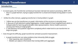 2
Graph Transformer
• In recent years, the Transformer architecture has been derived into several variants(e.g. BERT, VIT)...